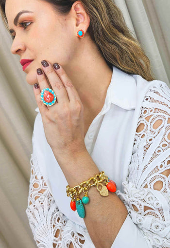 Brinco Brisa Tropical com pedras turquesas e coral banhado no dourado