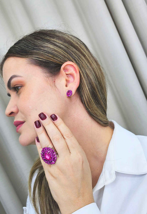 Brinco Damaris vintage oval com strass fucsia