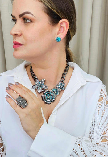 Brinco Vick fulgor com strass blue zircon banhado no grafite