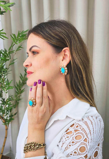 Brinco Donatela luxuoso com pedra azul e black diamond banhado no dourado