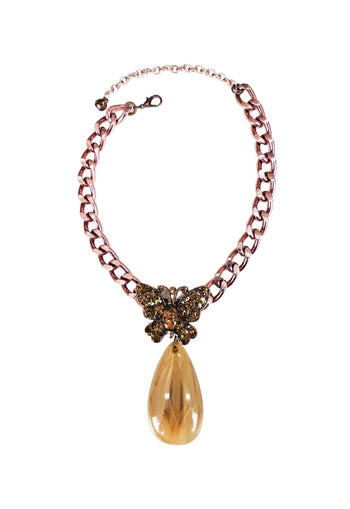 Colar Valência com pingente de borboleta e gota marrom com strass smoked banhado no vintage