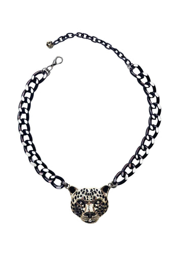 Colar Vicenza black com maxi pingente de onça esmaltada