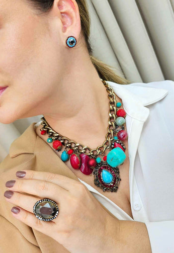 Brinco vick Monalisa ouro velho com pedras coloridas