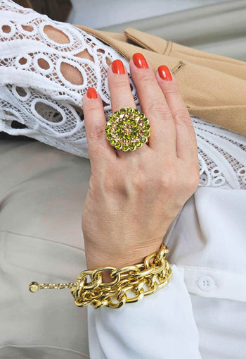 Anel Lussuria com pedras verdes e douradas