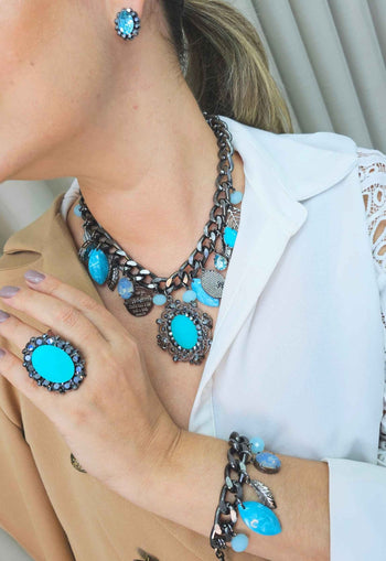 Maxi Colar Conexão com pedras azuis banhado no grafite