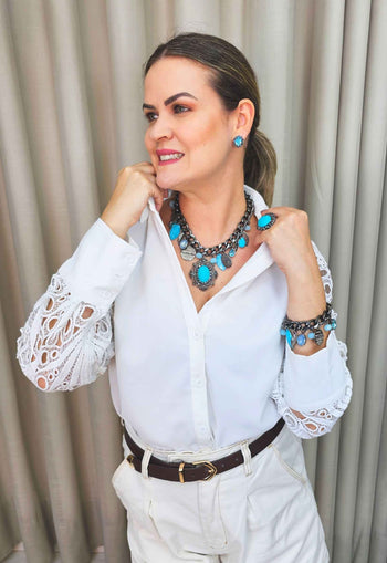 Maxi Colar Conexão com pedras azuis banhado no grafite