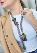 Colar Diamanta de corrente onix com pedras verdes longo