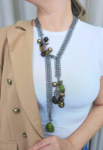 Colar Diamanta de corrente onix com pedras verdes longo