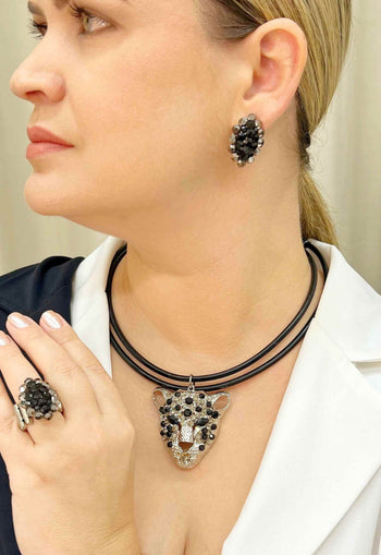 Brinco Adalira silver com pedras pretas e hematite