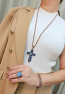 Colar Tília com pingente de crucifixo azul banhado no vintage