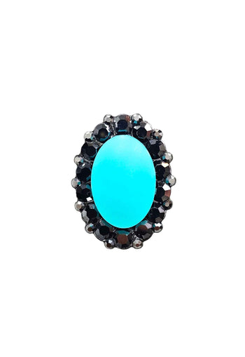 Anel Conexão oval com pedra azul e hematite banhado no grafite