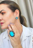 Anel Conexão oval com pedra azul e hematite banhado no grafite