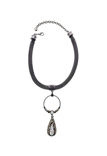 Colar Alvorada luxo com pingente de argola e gota grafite com corrente onix