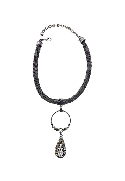 Colar Alvorada luxo com pingente de argola e gota grafite com corrente onix