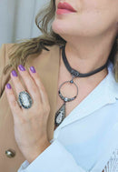 Colar Alvorada luxo com pingente de argola e gota grafite com corrente onix