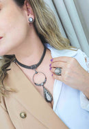 Colar Alvorada luxo com pingente de argola e gota grafite com corrente onix