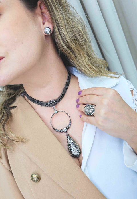 Colar Alvorada luxo com pingente de argola e gota grafite com corrente onix