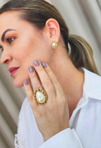 Anel Saraya dourado com perola e strass light colorado topaz