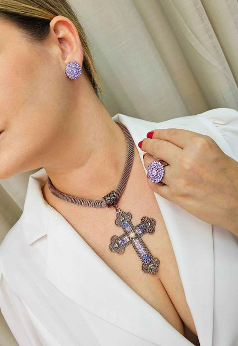 Crucifixo Teresa Lavanda Vintage com pedras e corrente vintage