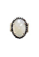 Anel Promessa oval com pedra cinza opalino e strass hematite banhado no prata