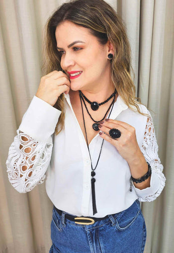 Colar Madame lux de pedras e cristais pretos banhado no onix