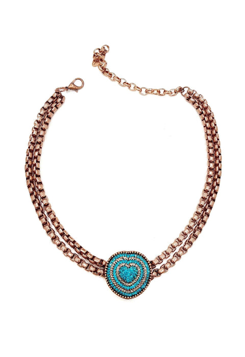 Colar choker de coração azul no banho ouro vintage