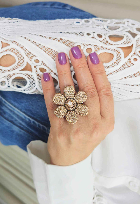 Anel de Flor Liz com strass light peach banhado no vintage