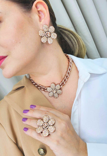 Anel de Flor Liz com strass light peach banhado no vintage