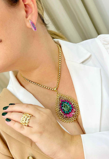Brinco Penélope de gota colorida banhado no dourado