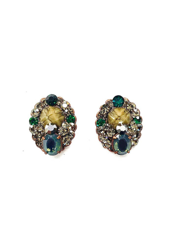 Brinco Único oval com pedras verdes banhado no vintage