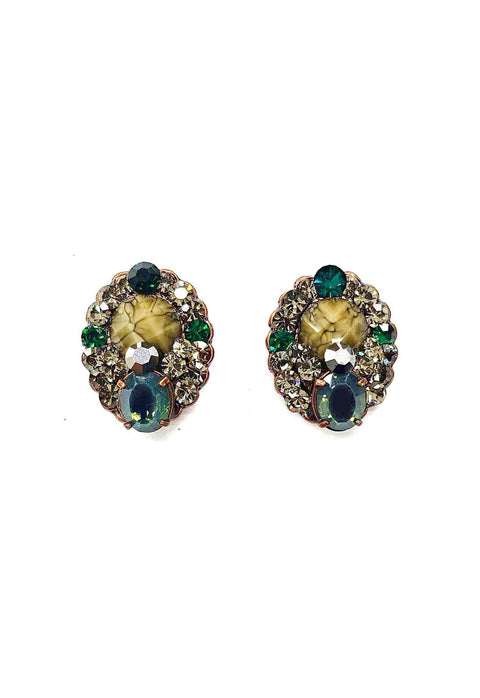 Brinco Único oval com pedras verdes banhado no vintage