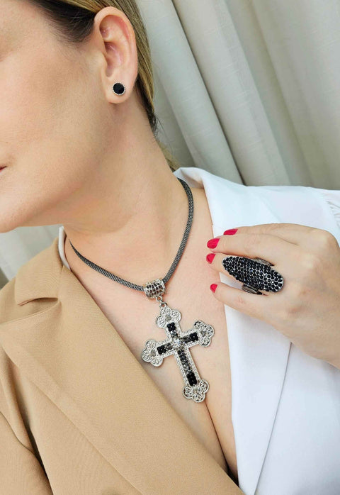 Crucifixo Teresa grafite com pedras hematite e pretas
