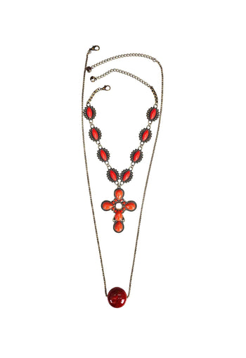 Colar Relíquia com pedras corais pingente de crucifixo e elos e correntes ouro velho