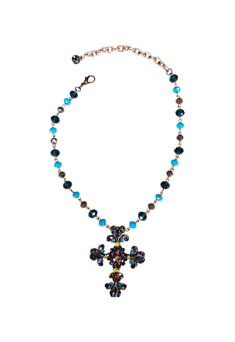 Colar Diva de crucifixo azul e ametista banhado no vintage