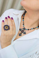 Colar Diva de crucifixo azul e ametista banhado no vintage