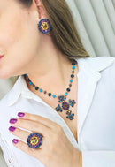 Colar Diva de crucifixo azul e ametista banhado no vintage
