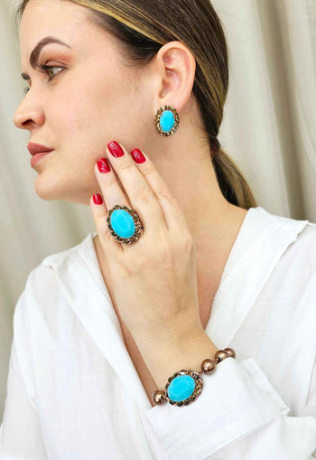 Brinco Radiância vintage oval com pedra turquesa
