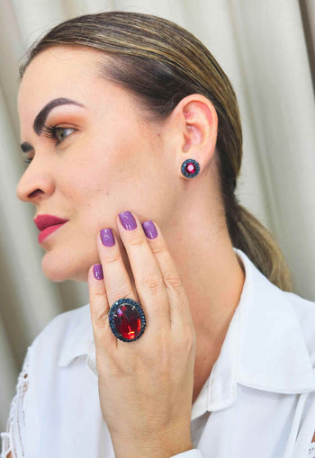 Anel Alegra oval com pedras montana e rubi