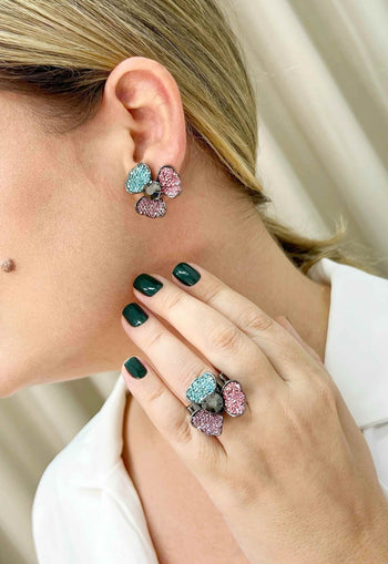 Anel de flor Safire com strass colorido banhado no onix