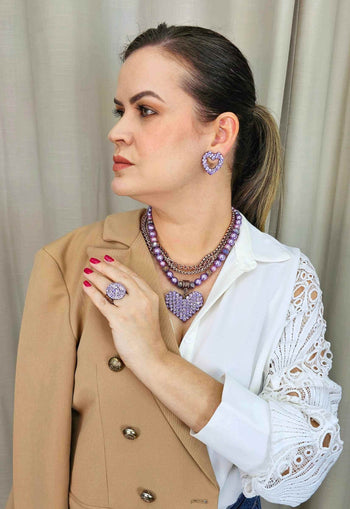 Maxi Colar Valentina Violeta com pingente de coração e strass