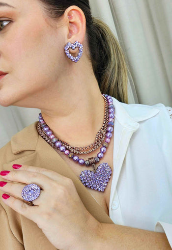 Maxi Colar Valentina Violeta com pingente de coração e strass