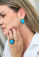 Brinco Oceana Luz oval com pedra azul strass Smoked banhdo no ouro velho