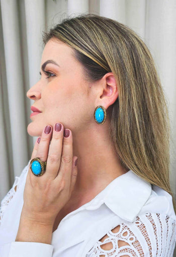 Brinco Oceana Luz oval com pedra azul strass Smoked banhdo no ouro velho