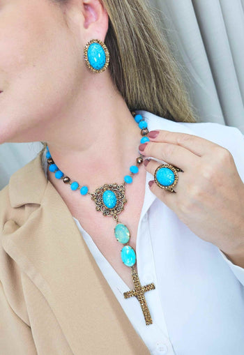 Brinco Oceana Luz oval com pedra azul strass Smoked banhdo no ouro velho