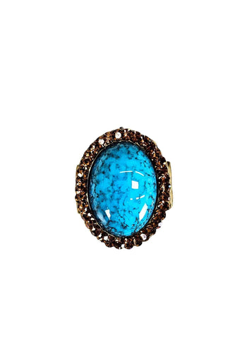 Anel Oceana Luz oval com pedra azul strass Smoked banhdo no ouro velho