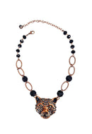 Colar Hera vintage com pingente de onça pedras pretas e strass hematite