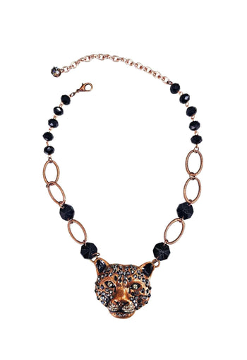 Colar Hera vintage com pingente de onça pedras pretas e strass hematite