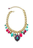 Colar Babalu com pingentes rosa e azul banhado no dourado