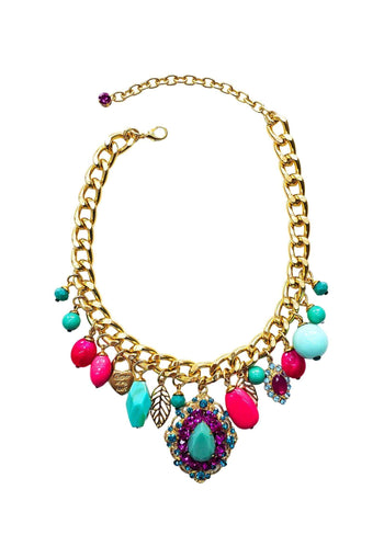 Colar Babalu com pingentes rosa e azul banhado no dourado