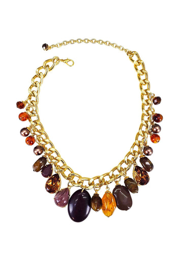 Colar Driade Glam Dourado com pingentes e pedras marrom